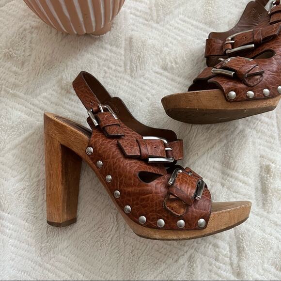 BCBGMaxazria Brown Leather Buckle Strap Wooden Platform Sandals - Picture 2 of 11
